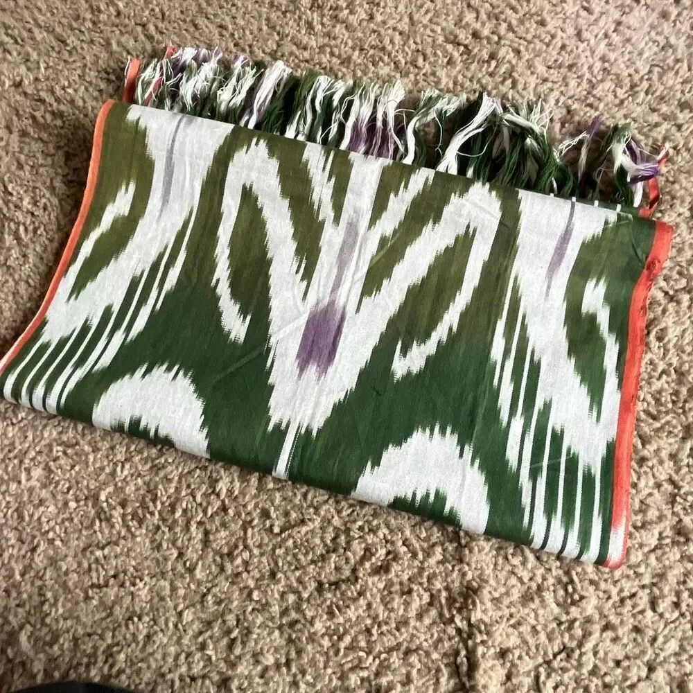 VTG Ikat Woven Scarf Shawl Green Purple Fringe Boho Wrap 70x15